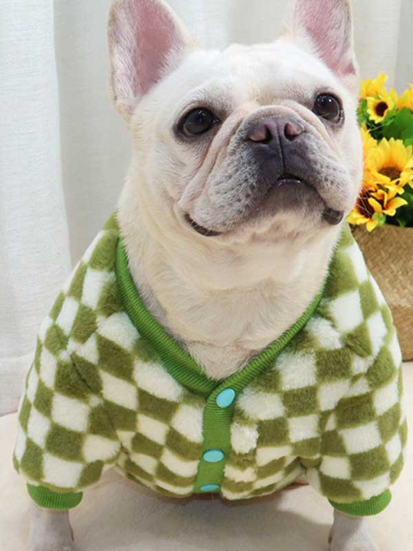GMTPET Green and white checkerboard fat dog bulldog pug dog French fighting winter clothes plus velvet thick cardigan plush sweater 107-222039 www.petclothesfactory.com