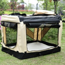 Large Foldable Travel Pet Carrier Bag with Pockets in Beige www.petclothesfactory.com