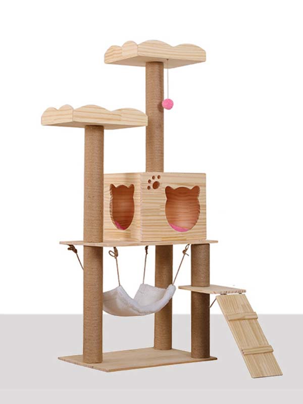 Wholesale cat condo solid pine and hemp rope column hammock cat room