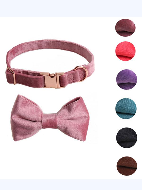 New Design Velvet Dog Bowknot Collar With Rose Gold Full Metal Buckle Leash Set 06-1607