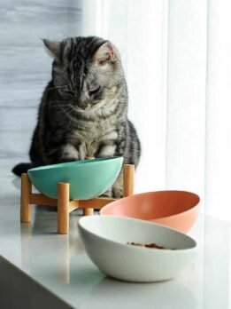 Tigelas de comida para gatos com boca inclinada de cerâmica alta e estrutura de madeira por atacado 123-12006 www.petclothesfactory.com